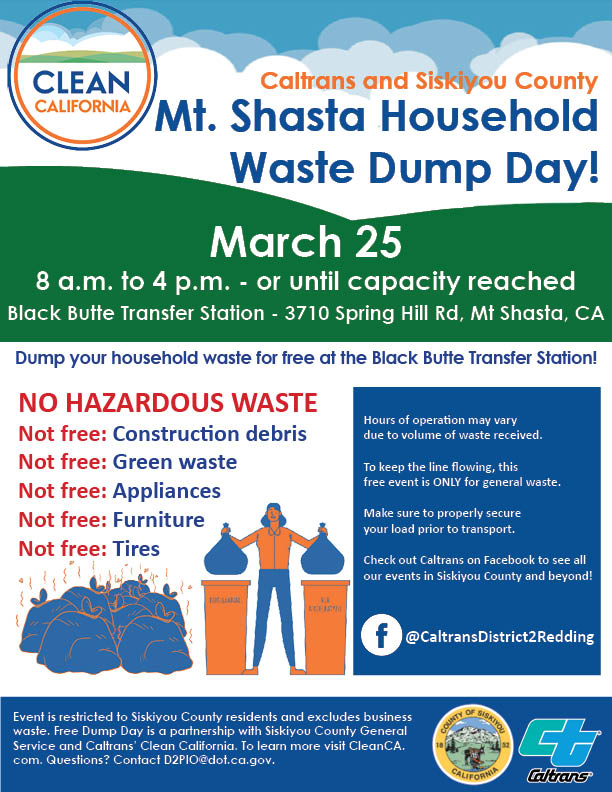 Siskiyou County Household Waste Dump Days, March 25, 2023 Siskiyou