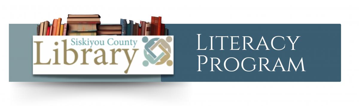 Siskiyou County Library logo with text that says Literacy Program with books as a border